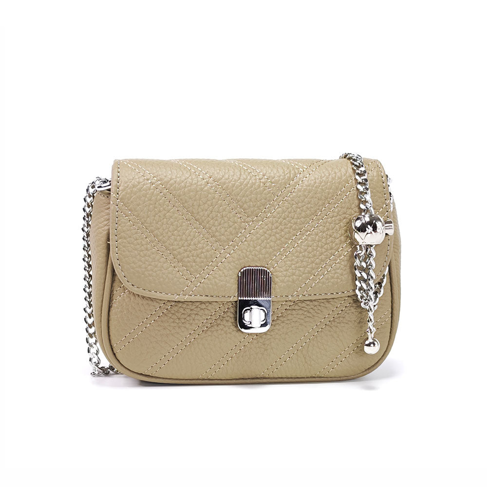 Genuine Leather Women's Bag New Metal Chain Small Square Bag Simple Versatile Chanel Style Single Shoulder Solid Color Embroidered Thread Crossbody Bag