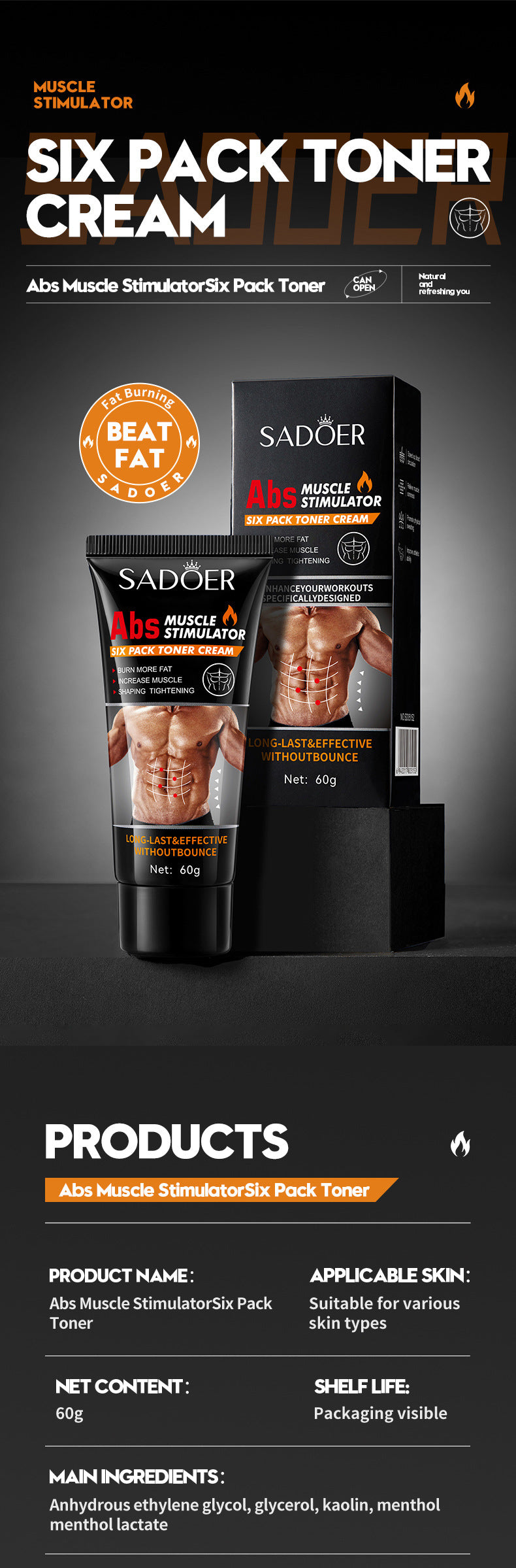 Men's Abdominal Shaping Heating Cream60g SADOER Waist and abdomen slimming cream  wholesale