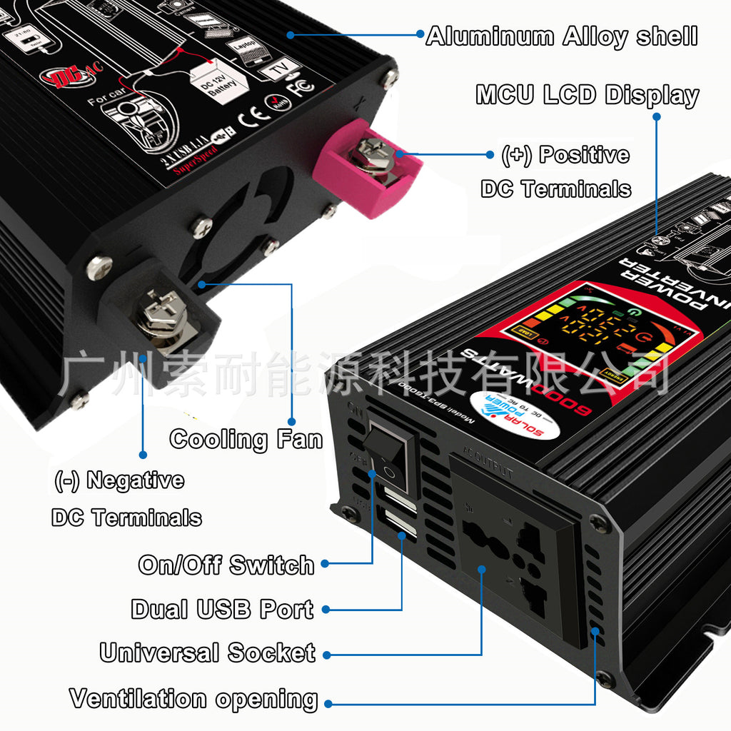 Car Converter Automotive Small Appliances500W Inverter12V Turn110V/220V Smart Color Screen Dual USB Mouth