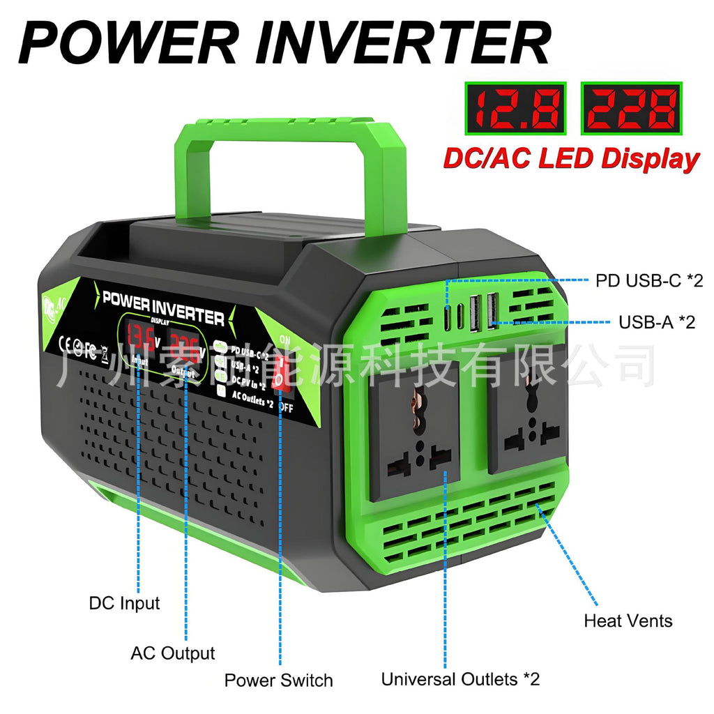 Vehicle Inverter300W/500W12V Turn110V/220V Dual Socket with Digital Display/USB/Type-C