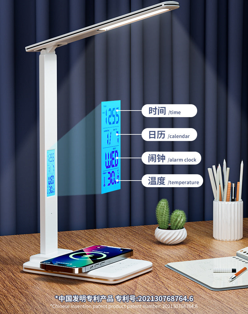 Multi-Functional Eye Protection15w Wireless Charger Table Lamp Dormitory Learning Reading Foldable Perpetual Calendar Alarm Clock Desk Lamp