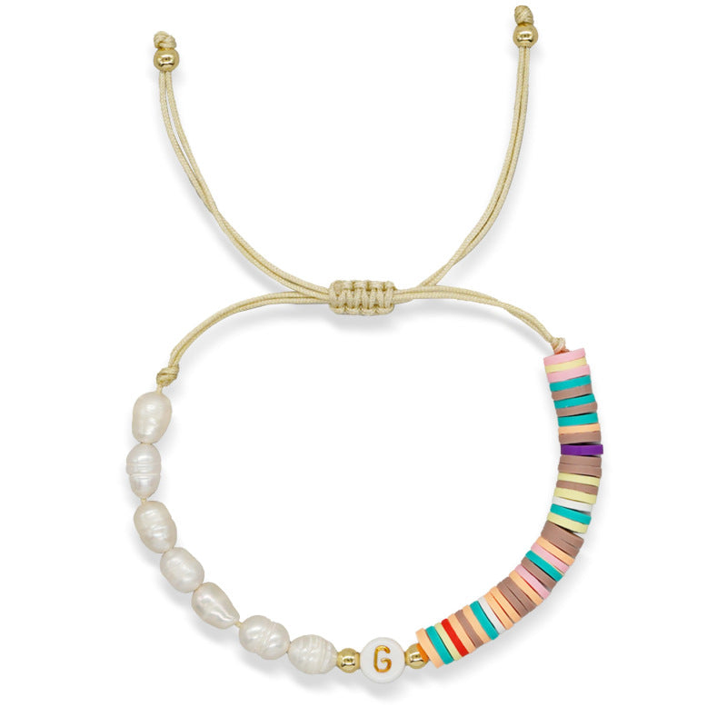 Imitation pearl26Letter Bracelet Bohemian Casual Vacation Bracelet Gold Beads Stretchable Soft Clay Woven Bracelet