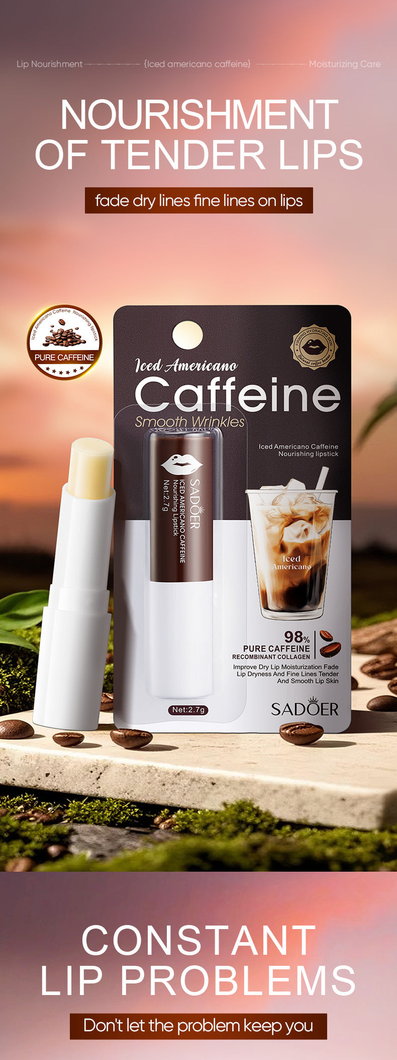 Iced American Caffeine Nourishing Lip Balm SADOER Anti-chapped Moisturizing Lip Balm  Wholesale