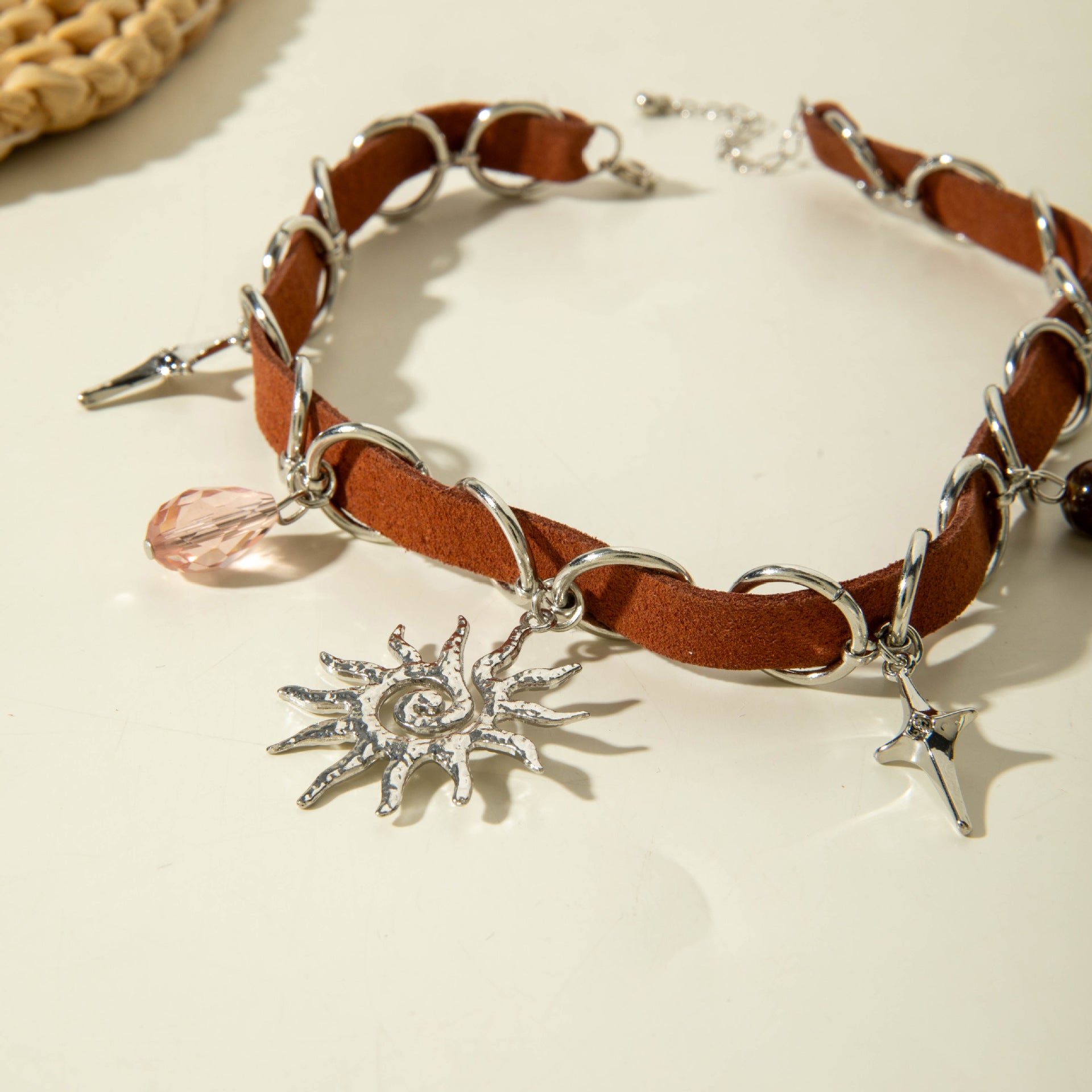 European and American Jewelry Maillard Sun Pendant choker Exaggerated Necklace  Leather patchwork vintage necklace