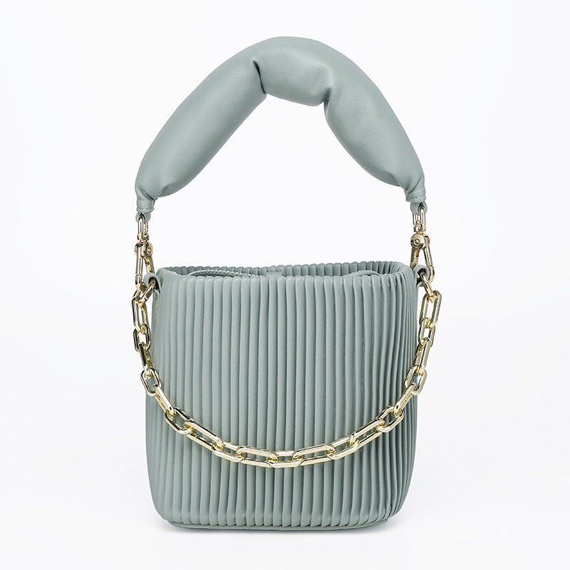 Unique Korean Design Pleated Bucket Bag for Women with Chain Handle, Versatile Fashionable Single Shoulder Crossbody Bag for Ladies