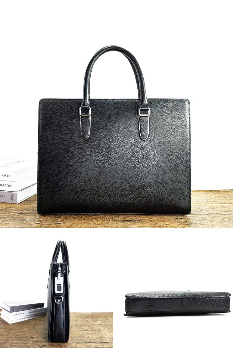 Anti-theft Fingerprint Lock Genuine Leather Briefcase Men's Business Handbag Commuting High-end Shoulder Crossbody Bag Fingerprint Unlock
