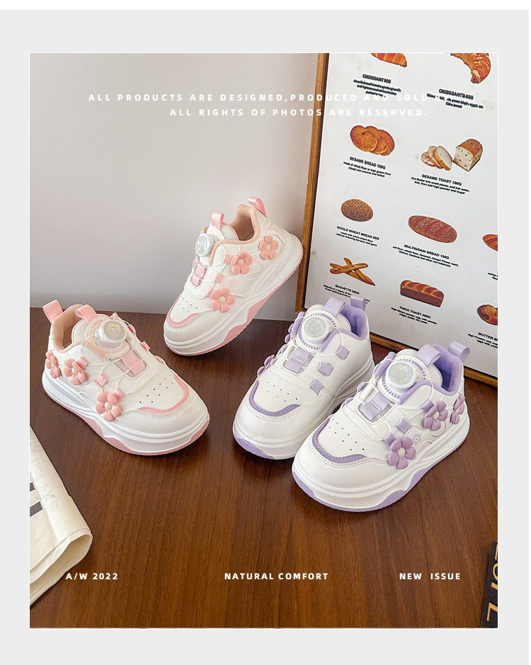 Children's Sports Shoes Spring and Autumn2025New Student Knob Girls' White Sneakers Versatile Casual Girls' Running Shoes