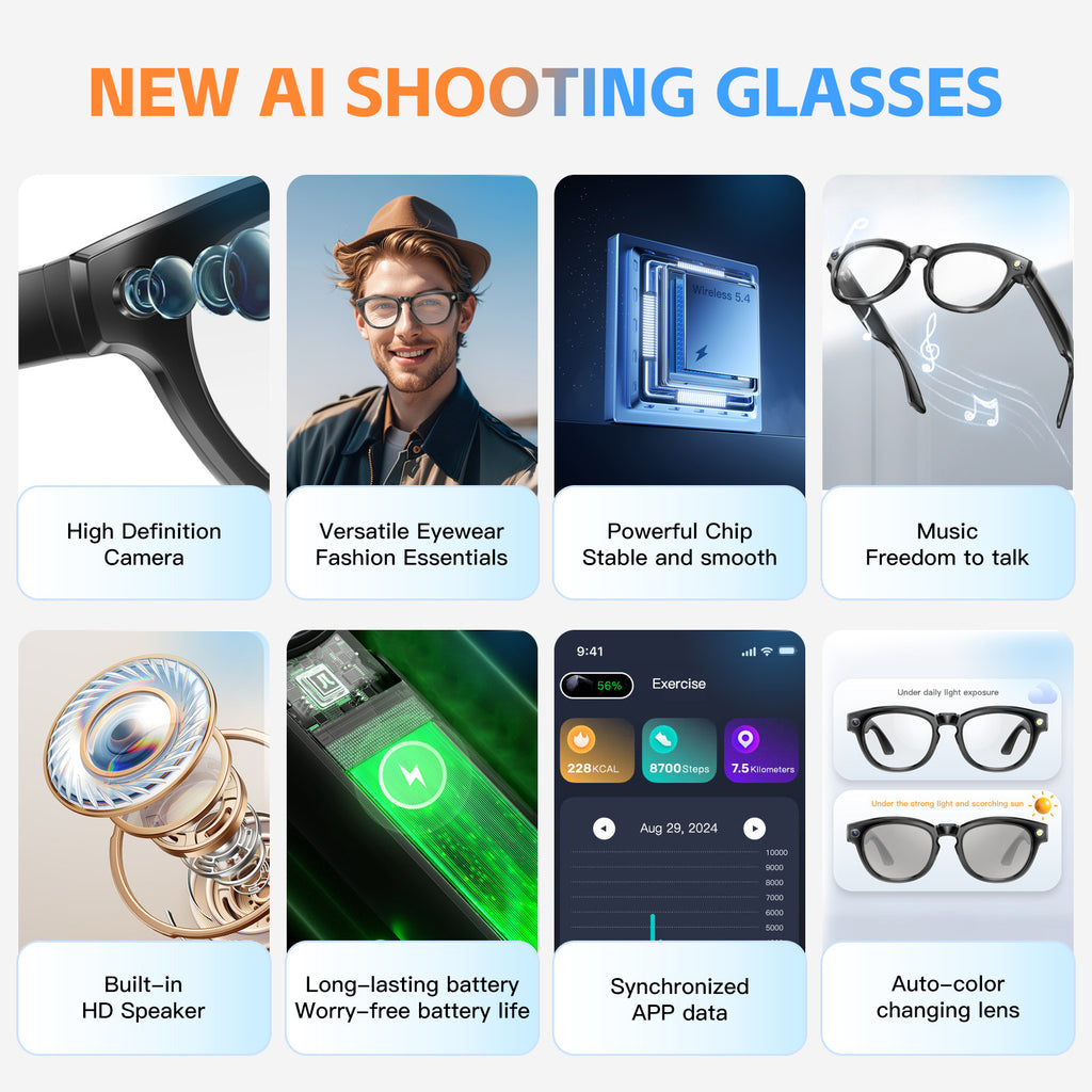 New ai Smart Glasses mate2With Camera for High-Definition Photo and Video Recording GS380Bluetooth Glasses