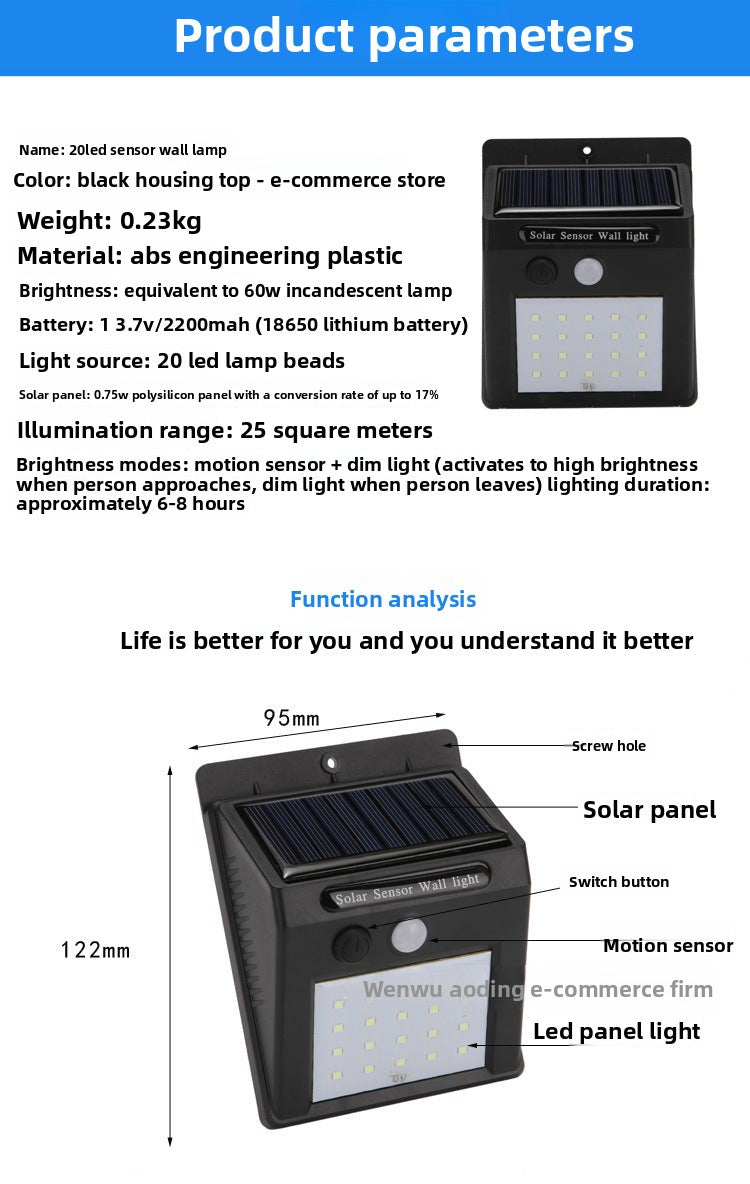 Solar Wall Lamp212LED Motion Sensor Wall Light 114LED Garden lamp20LED Waterproof Street Light