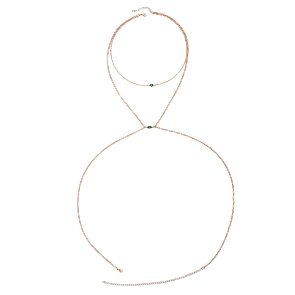 Trendy Simple Men's Body Chain Necklace Fashion Imitation Emerald Heart Hollow Chest Chain with Diamonds