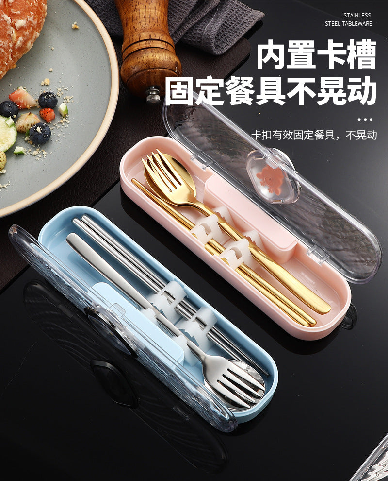 304Stainless Steel Tableware Student Cartoon Portable Tableware Set Work Outdoor Fork Spoon Chopsticks Three-piece Set