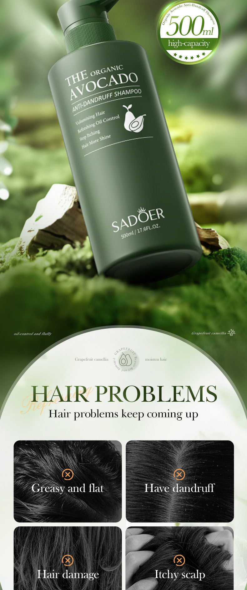 Avocado Anti-Dandruff Oil Control Shampoo SADOER Fluffy Deep Cleansing Shampoo  Wholesale