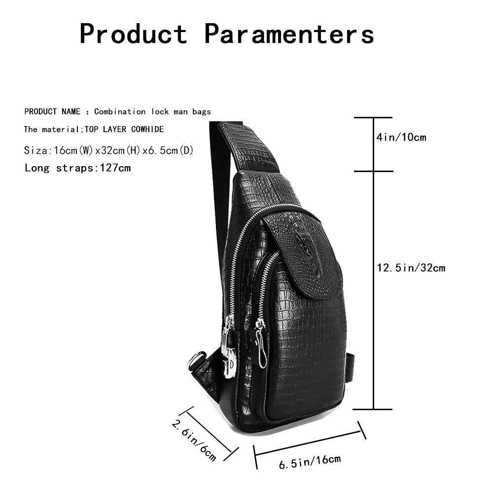 Fingerprint Lock Bag Men's Travel Sports Crossbody Bag Top Layer Cowhide Crocodile Pattern Security Password Lock Genuine Leather Chest Bag