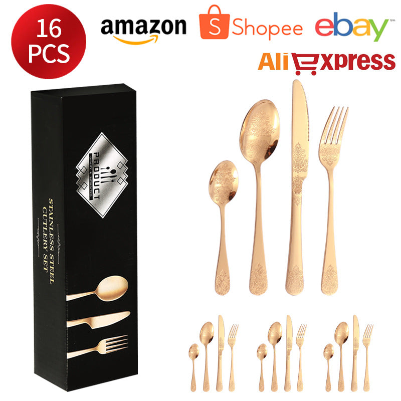 Stainless Steel Cutlery Set1010Double Flower Relief Knife, Fork, and Spoon24Set of Western Steak Knives and Forks