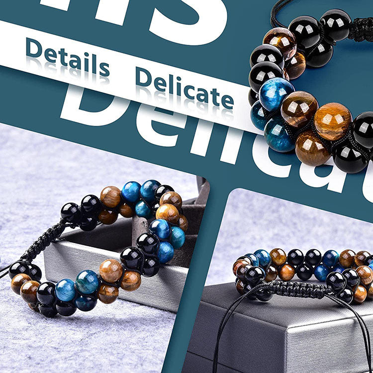 European and American Men8mm Double Layer Natural Stone Bracelet Adjustable Couple Bracelet Double Row Tiger Eye Braided Bracelet