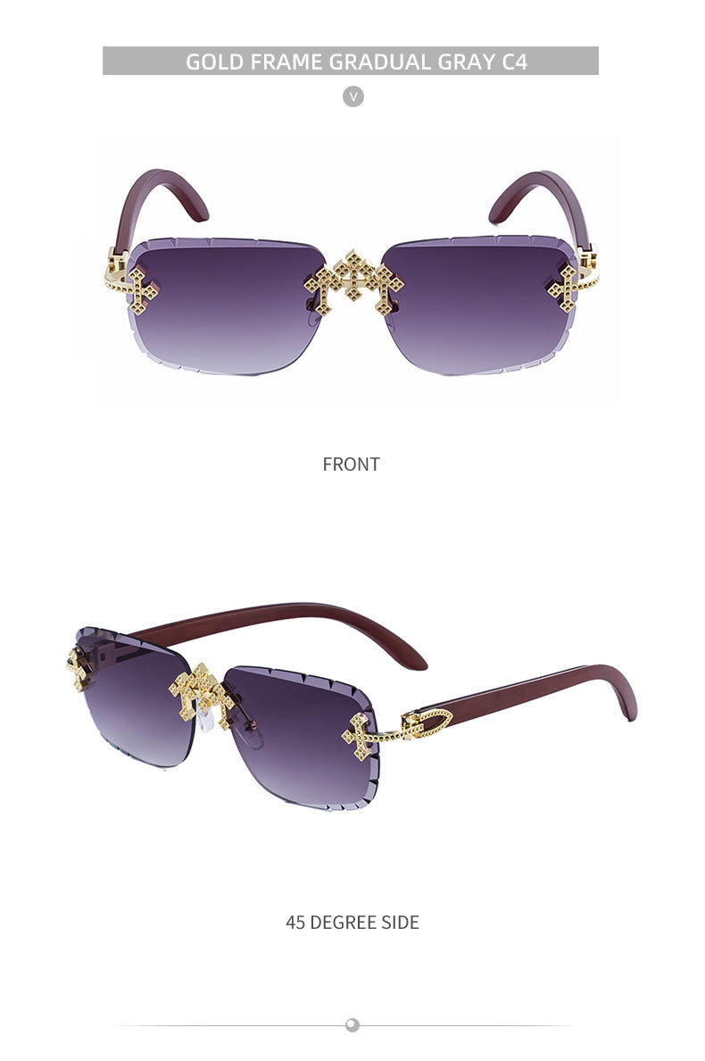 2025New European and American Retro Frameless Sunglasses for Men with Diamond Cut Edge and Imitation Wood Grain Temples Wholesale