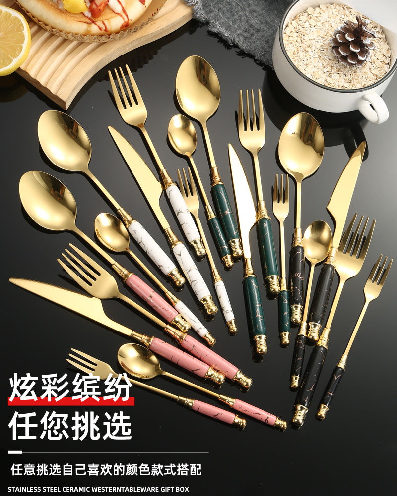 Stainless Steel Cutlery Restaurant Western Steak Knife Fork Imitation Marble Pattern Ceramic Handle Knife Fork Spoon Tea Spoon Tea Fork Set