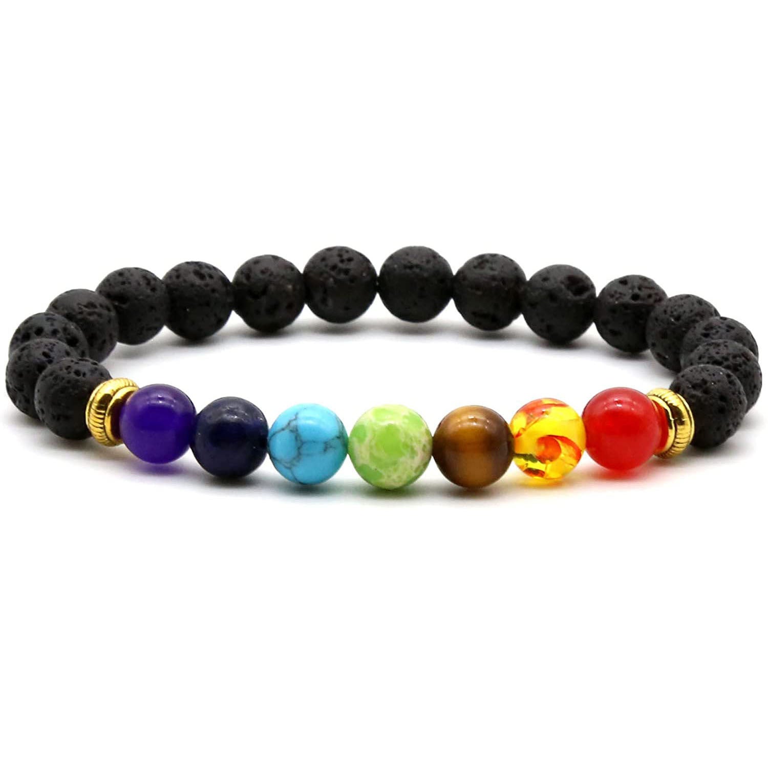 Men's Volcanic Stone Bracelet8mm Natural Stone Beaded Yoga Wheel Elastic Rope White Pine Stone Colorful Braided Bracelet