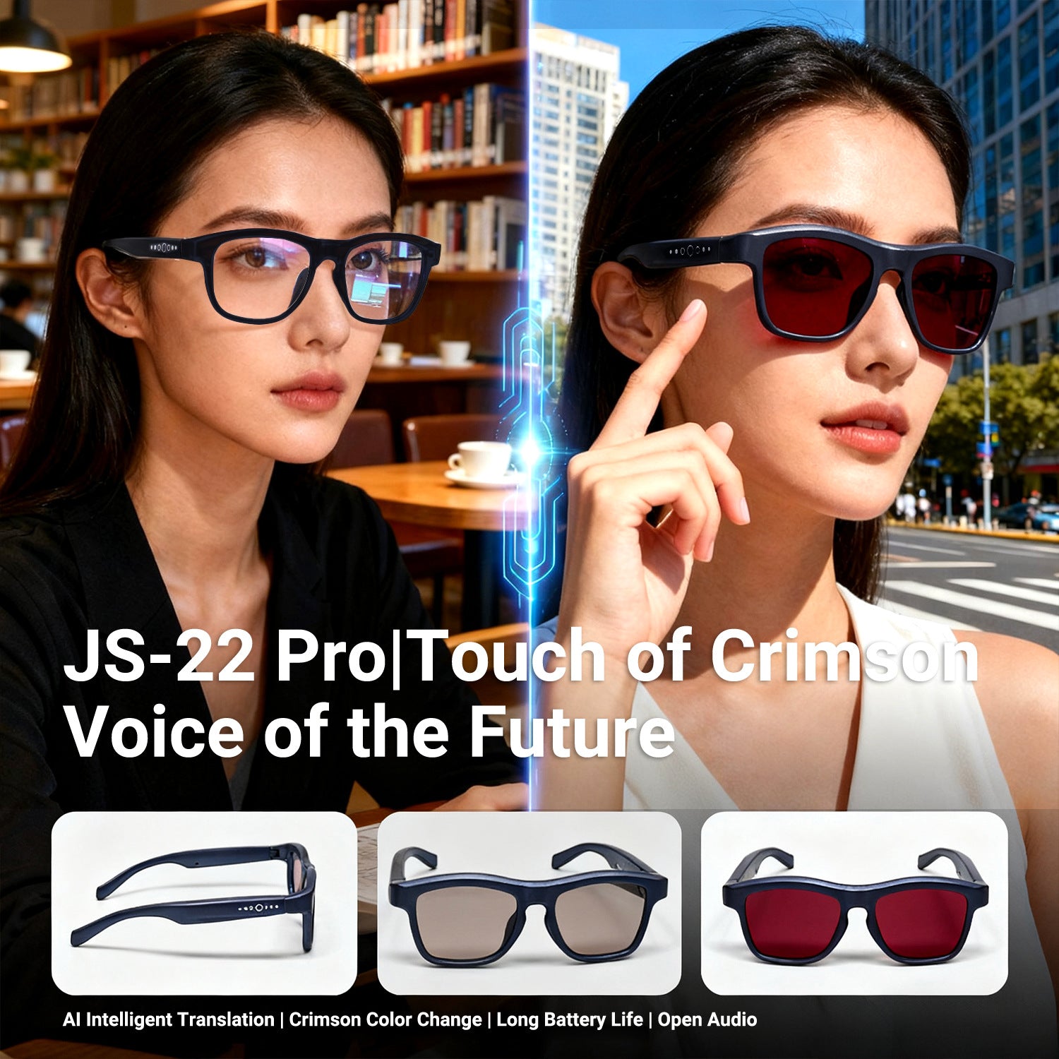 JS22 Pro Smart Glasses Bluetooth Call AI Real-time translation of meeting minutes with one-click color-changing lenses