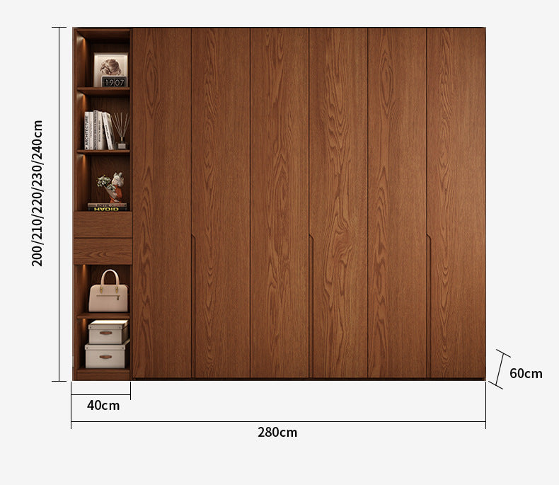 Oak Wardrobe Solid Wood Bedroom Household Handle-Free Storage Cabinet Walnut Color ENF Grade Combination Segmented Wardrobe