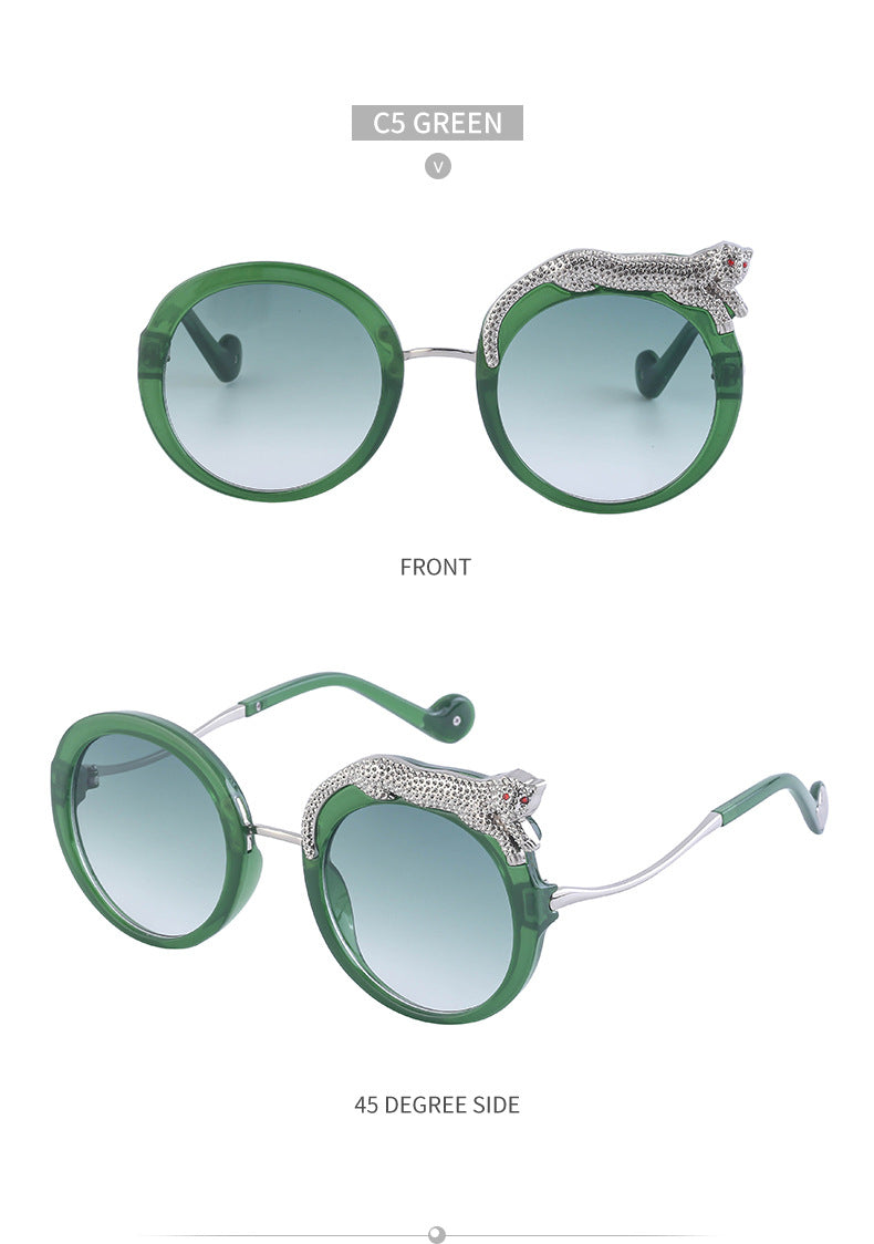 2025New Anti-Blue Light Glasses for Women Leopard Head Diamond-Studded European and American Round Frame Sunglasses Trendy Large Frame Sunglasses High-End Feel