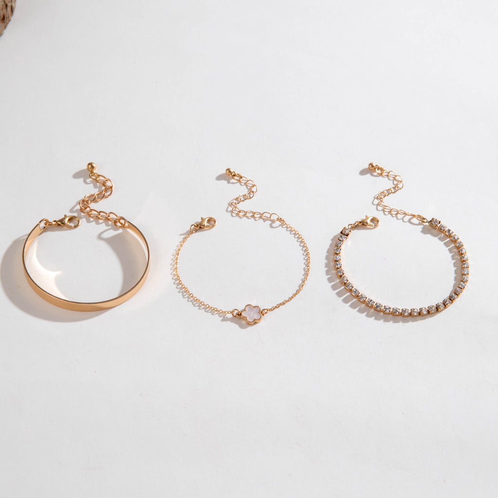 European and American Fashion Alloy Inlaid Diamond Five-Leaf Clover Bracelet Jewelry Three-Piece Set Simple Geometric Smooth Bracelet Wholesale