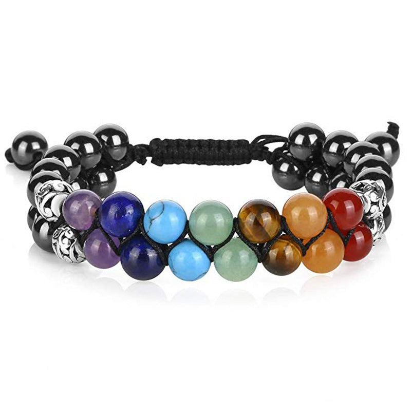 Men's Natural Stone Double Row Bracelet Woven Adjustable Bracelet Couple Colorful Volcanic Stone Woven Bracelet