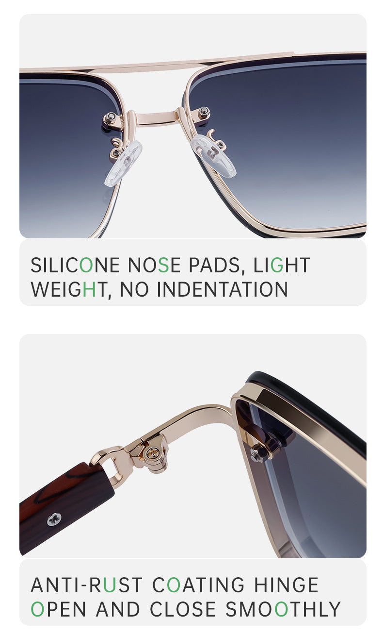 European and American Style Square Frame Cut Edge Sunglasses for Men with Imitation Wood Grain Temples, Men's Trendy Wholesale sunglass