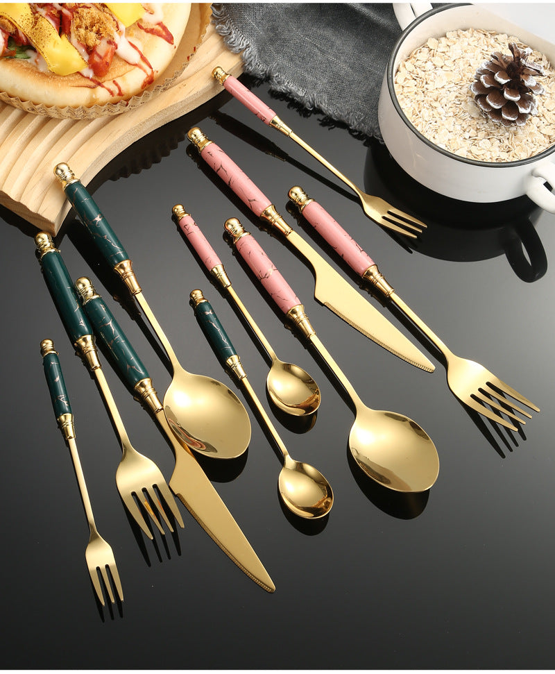 Stainless Steel Cutlery Restaurant Western Steak Knife Fork Imitation Marble Pattern Ceramic Handle Knife Fork Spoon Tea Spoon Tea Fork Set
