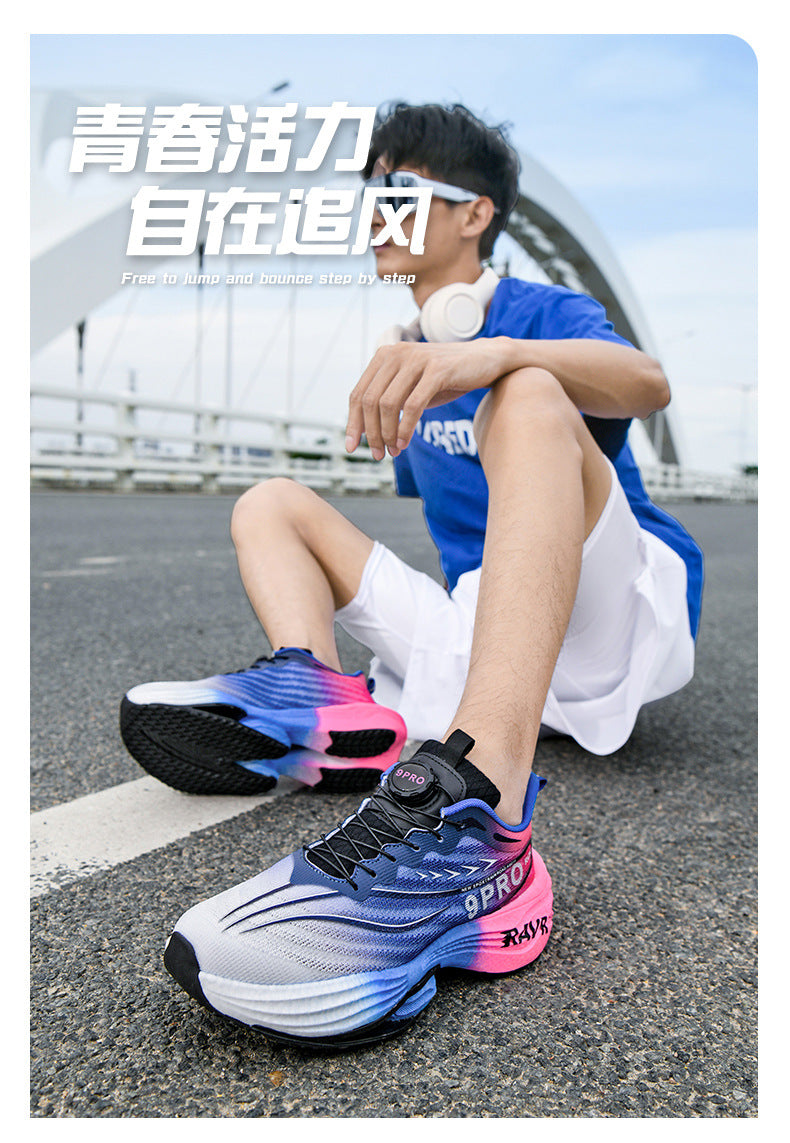2025Autumn Winter New Breathable Double Mesh Knob Buckle Sports Shoes Couple High Elastic Popcorn Soft Bottom Carbon Plate Running Shoes