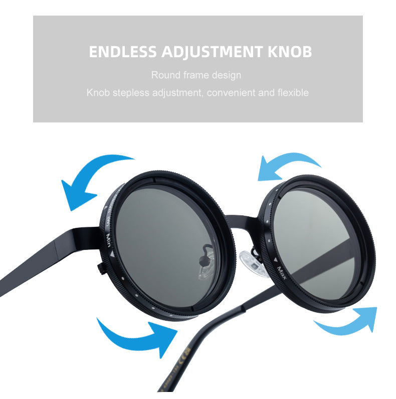 ND Nine-Stage Manual Adjustable Zoom Glasses Anti-Glare Round Frame Sunscreen Sunglasses High-End Polarized Sunglasses for Men