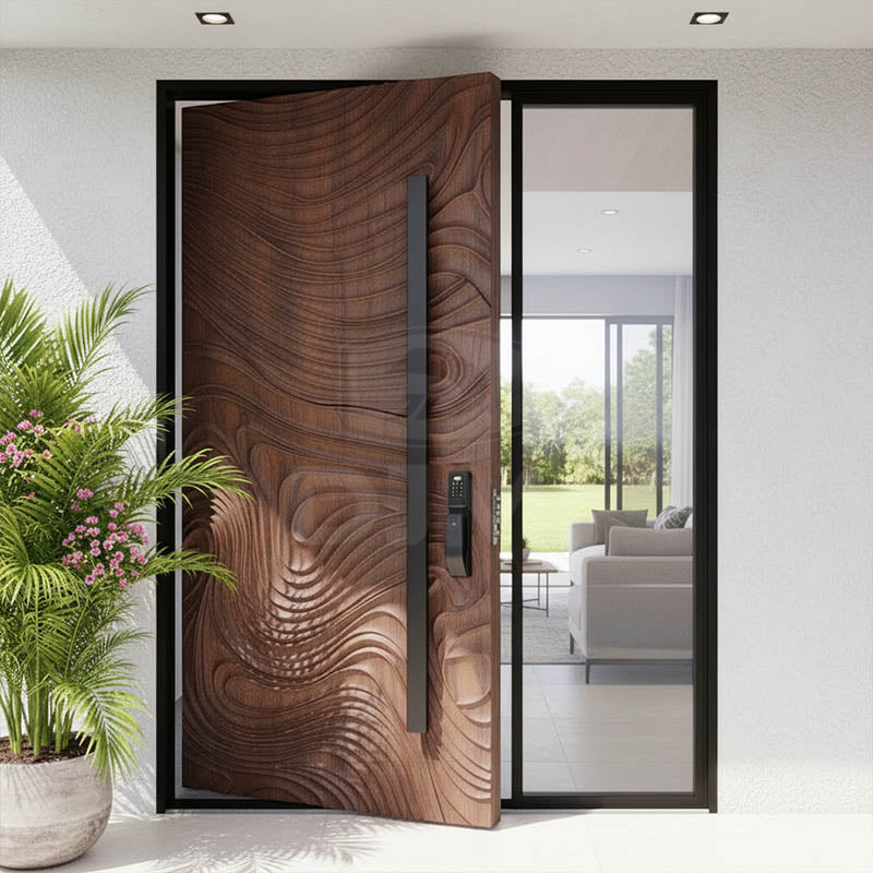 Solid Core Solid Wood White Oak Pivot Door Modern Exterior Villa Front Entry Door with Large-size Laminated Glass Side Window