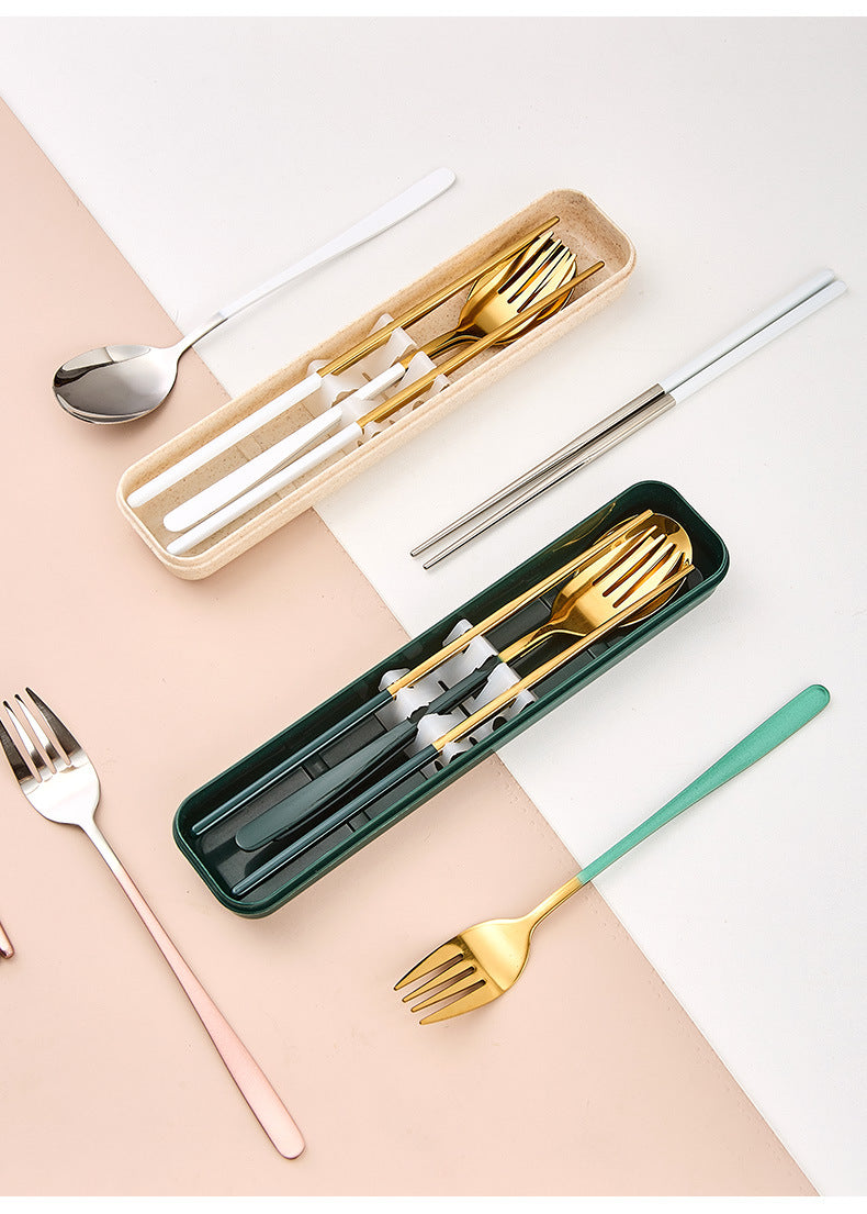 Stainless Steel Korean Portable Tableware Set Spoon Fork Chopsticks Three-Piece Set Student Travel Internet Celebrity Tableware