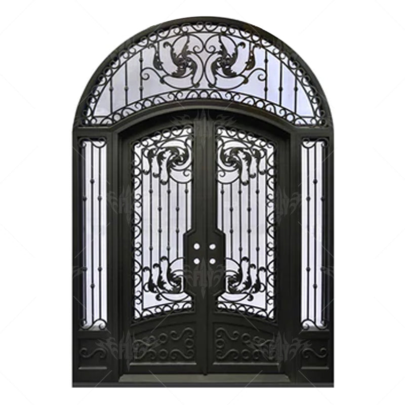 Foshan Supplier European New Simple Iron Door Design Grill Latest Design Safety Double Entrance Wrought Arches Iron Door