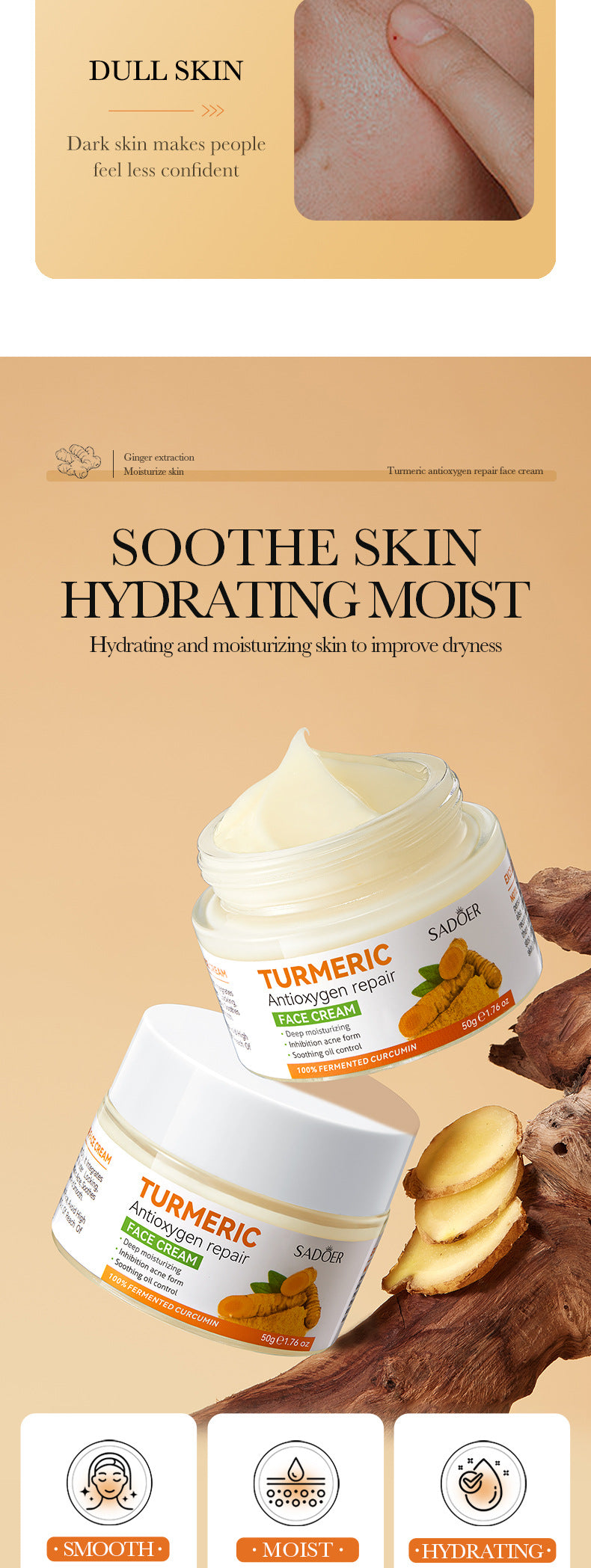 Turmeric Face Cream50g SADOER Moisturizing, rejuvenating, hydrating, smooth moisturizing cream for  foreign trade wholesale