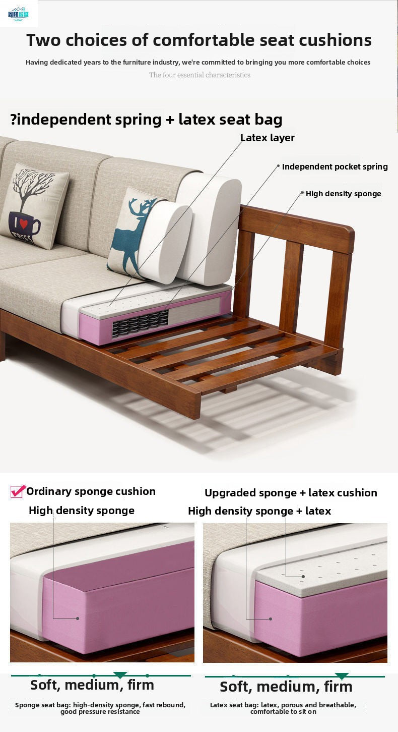 Modern Chinese Style Light Luxury Living Room Solid Wood Sofa Set Small Apartment Three-Seater Rural Wooden Fabric Sofa Bed