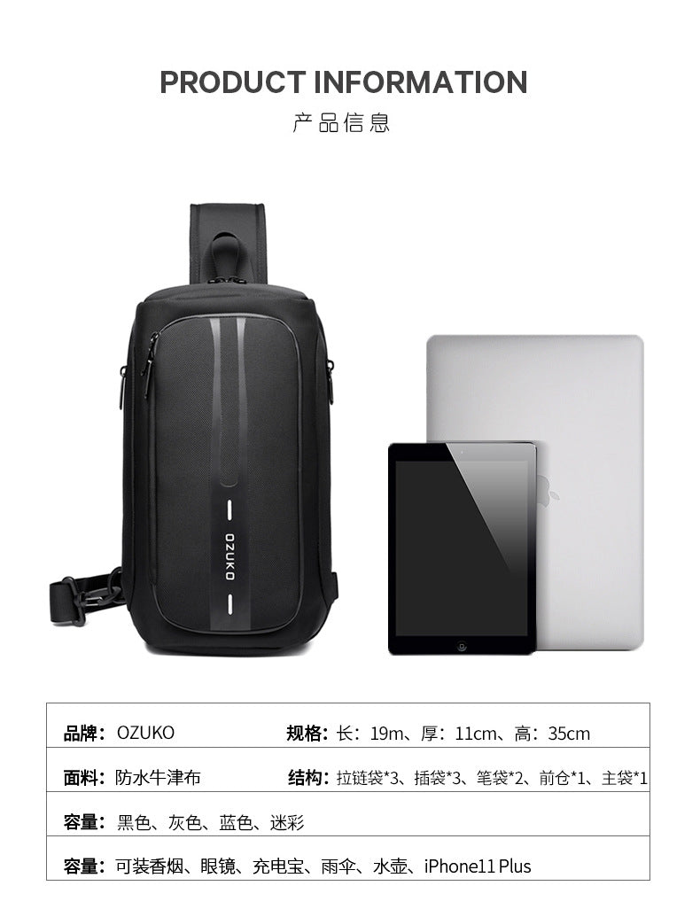 OZUKO Men's Functional Chest Bag Waterproof Crossbody Bag Multifunctional Shoulder Bag Outdoor Sports Large Capacity Trendy Bag