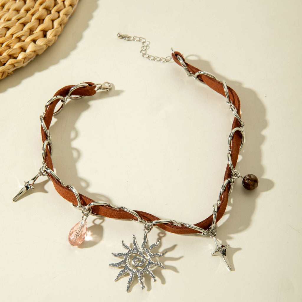 European and American Jewelry Maillard Sun Pendant choker Exaggerated Necklace  Leather patchwork vintage necklace