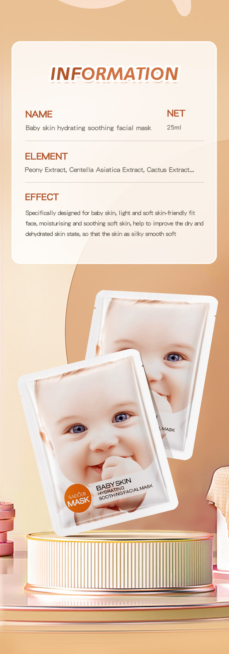 Baby Face Mask25g SADOER Moisturizing, hydrating, skin-smoothing facial mask sheets for cross-border foreign trade wholesale