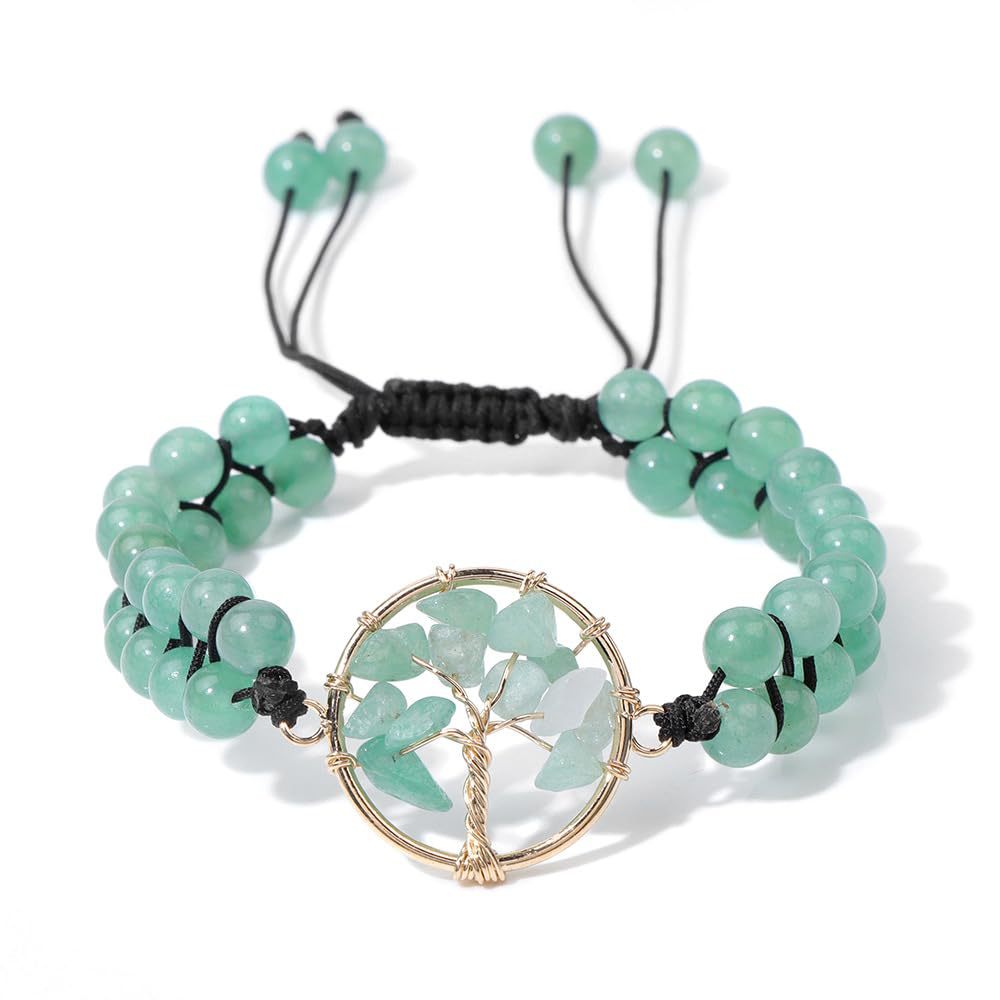 Double Row Braided Amethyst Bracelet Crushed Stone Tree of Life gold Wire Wrapped Adjustable Green Aventurine Tree of Life Bracelet