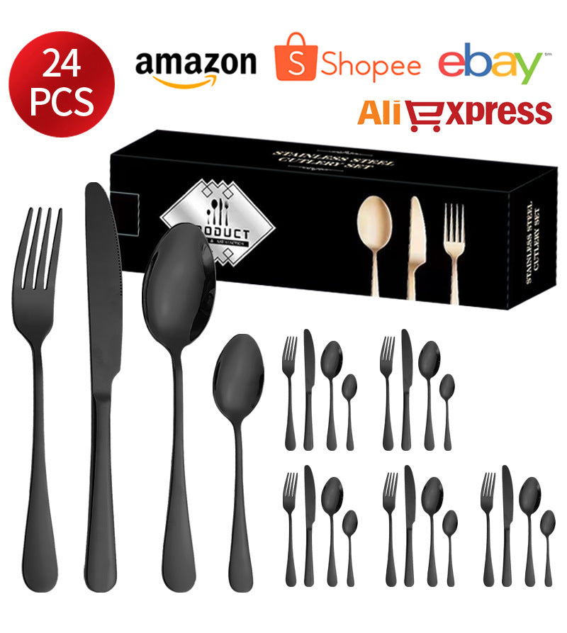 1010Stainless Steel Cutlery Set Hotel Titanium Coated Western Steak Knife Fork Spoon Tea Spoon24Set