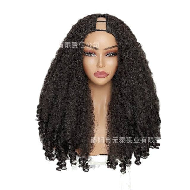 YAKI Straight Hair with Curly Ends Synthetic Wig V High-Temperature Fiber Wig with Hollow Top