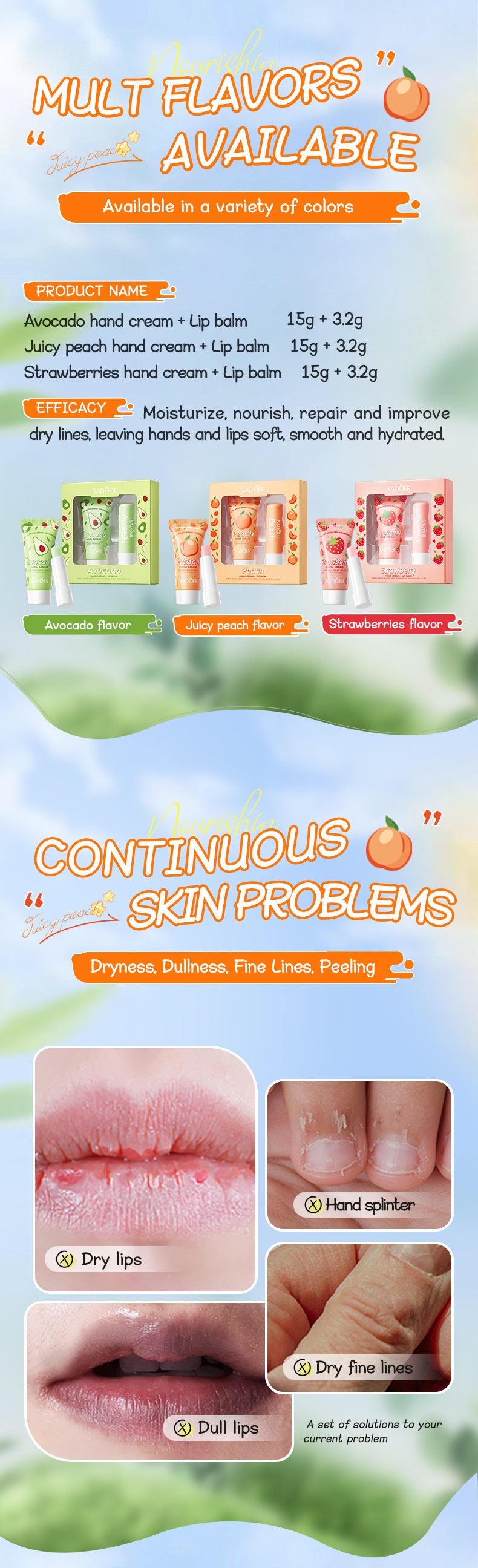 Peach Hand Cream Lip Balm Set SADOER Nourishing Autumn and Winter Hand Cream Lip Balm  Wholesale