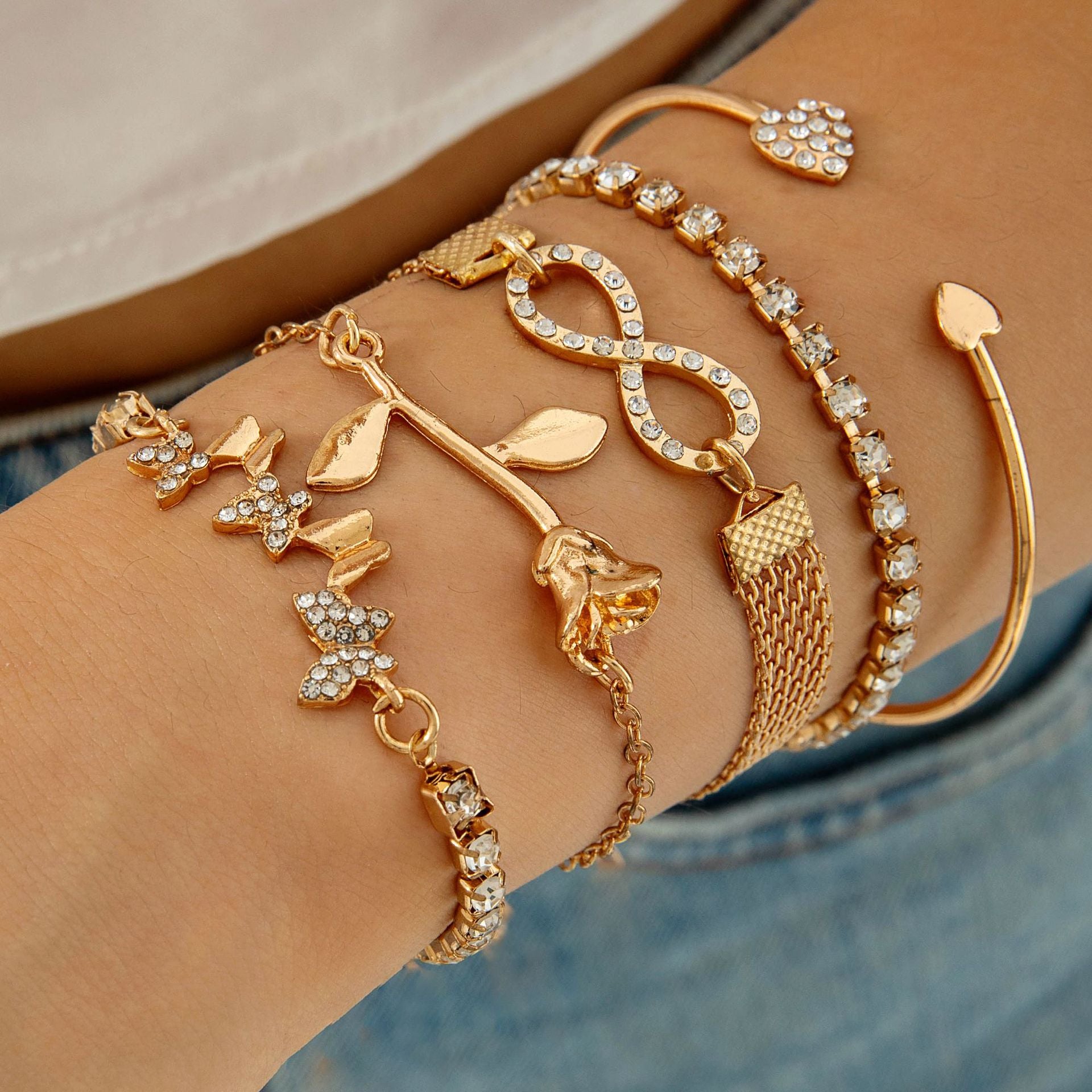 European and American Jewelry High-End Imitation Crystal Butterfly Bracelet Set Fashion Inlaid Diamond Heart Bracelet Wholesale