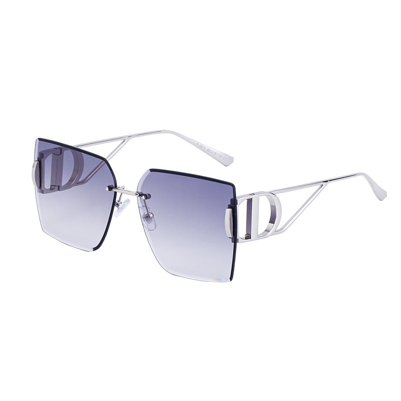 New European and American Fashion Diamond Cut Edge Rimless Sunglasses for Women Trendy Hollow Temple Large Frame Sunglasses Women's Glasses
