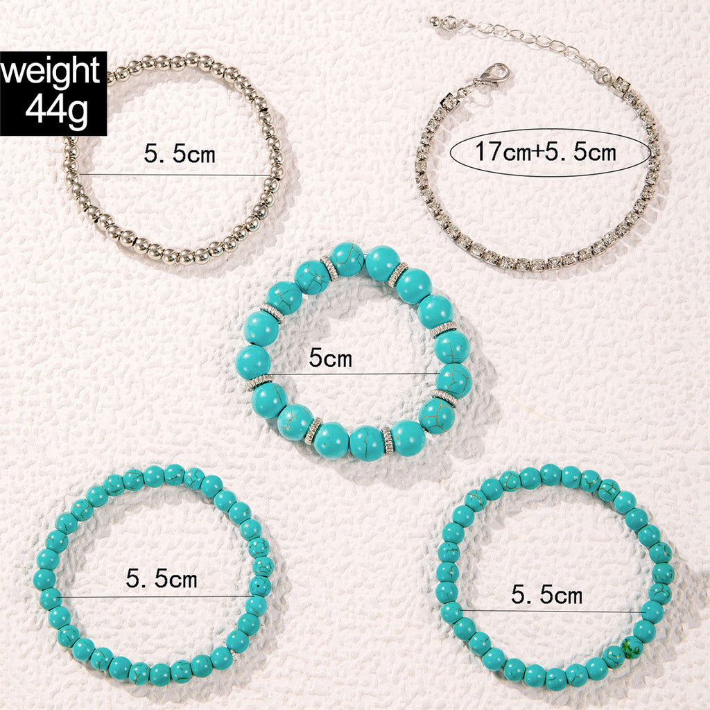 Bohemian Style Turquoise Multi-Layer Stacking Bracelet Set Light Luxury Diamond-encrusted Chain Beaded Bracelet
