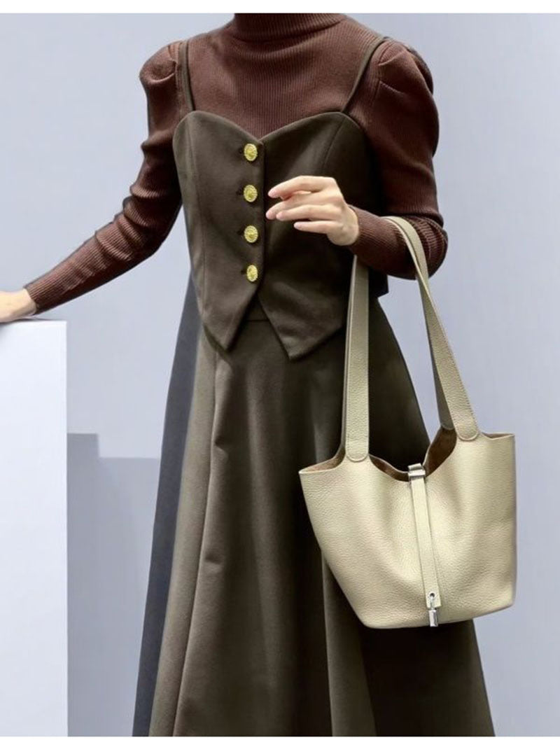 2025New Basket Bag for Women, High-End Niche Design, Large Capacity Bucket Bag, Top Layer Cowhide Handbag