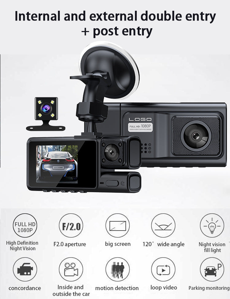 New S19HD Night Vision Three-Channel Dash Cam1080P HD Rearview Mirror Three-Lens Reversing Image