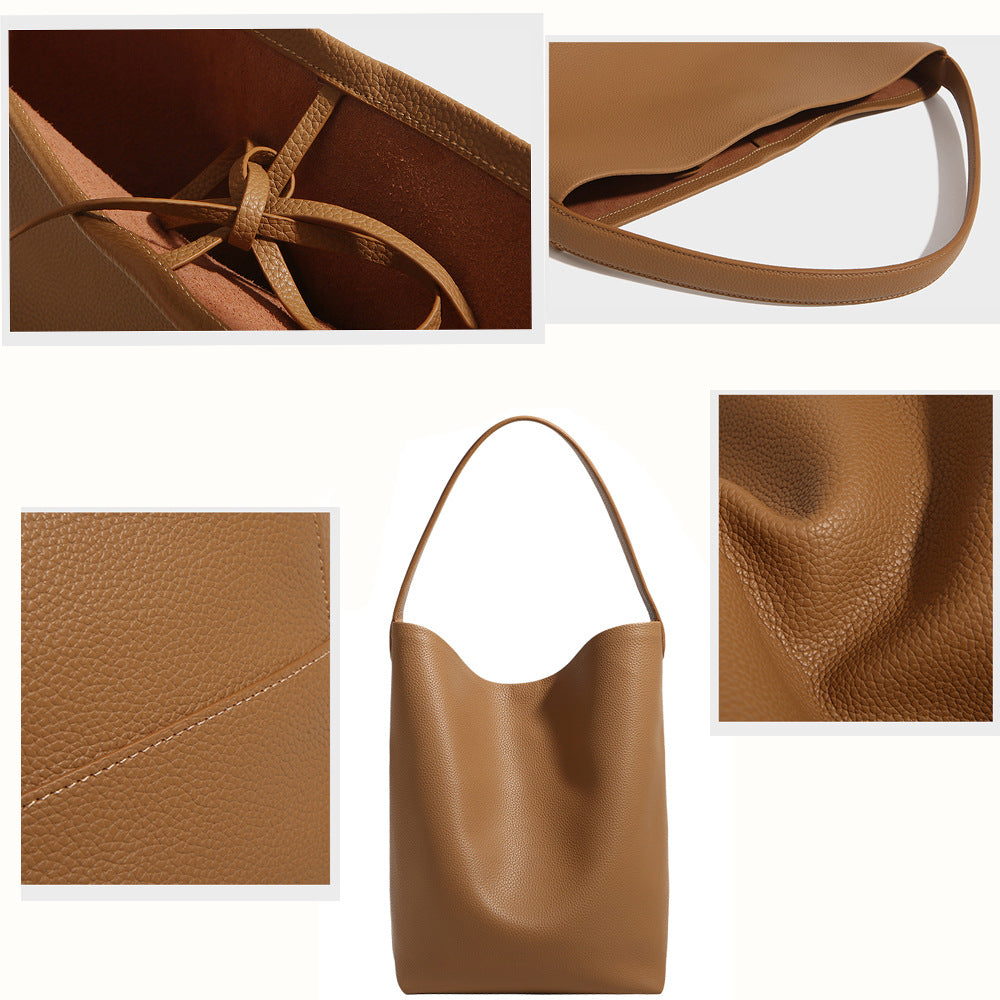 New Large Capacity Genuine Leather Row Bucket Bag Tote Underarm Bag Women's Casual Handheld Single Shoulder Cowhide Bag