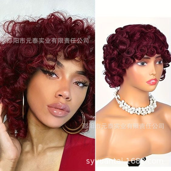 Wine Red Short Bouncy Curly Bob Wig with Bang Human Hair wig